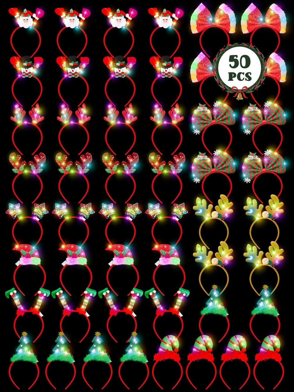6131 50 Pcs Christmas Headbands , Light up Christmas Headbands, Xmas